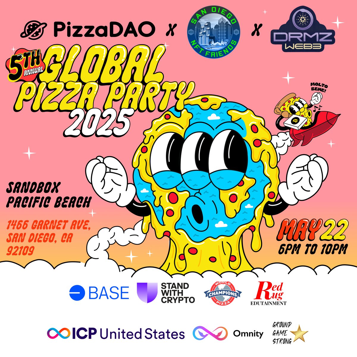 San Diego NFT Friends (@sdnftfriends) on Twitter photo Today’s the day — Happy Bitcoin Pizza Day!🍕
Just in time for $BTC to hit ATH $111,970.17👀🚀
Big thanks to our sponsors & partners: <a href="/Pizza_DAO/">PizzaDAO.eth 🍕🏴☠️</a> <a href="/DRMZ_Web3/">DRMZ</a> <a href="/redrugevents/">Red Rug Edutainment LLC</a> <a href="/base/">Base</a> <a href="/standwithcrypto/">Stand With Crypto🛡️</a> <a href="/icphub_US/">ICP HUB United States</a> <a href="/OmnityNetwork/">Omnity Network</a> <a href="/__Keegan__/">Keegan✨| 10KTF Teaching Tuesdays🛎️</a> & World Champions Pizza🍕
Still time to RSVP 👇 Today’s the day — Happy Bitcoin Pizza Day!🍕
Just in time for $BTC to hit ATH $111,970.17👀🚀
Big thanks to our sponsors & partners: <a href="/Pizza_DAO/">PizzaDAO.eth 🍕🏴☠️</a> <a href="/DRMZ_Web3/">DRMZ</a> <a href="/redrugevents/">Red Rug Edutainment LLC</a> <a href="/base/">Base</a> <a href="/standwithcrypto/">Stand With Crypto🛡️</a> <a href="/icphub_US/">ICP HUB United States</a> <a href="/OmnityNetwork/">Omnity Network</a> <a href="/__Keegan__/">Keegan✨| 10KTF Teaching Tuesdays🛎️</a> & World Champions Pizza🍕
Still time to RSVP 👇