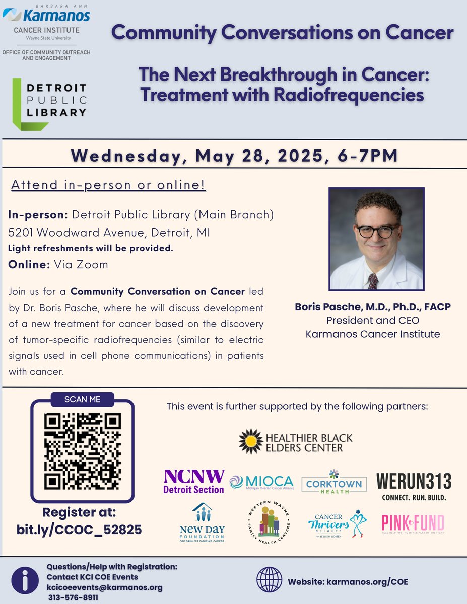 The #detroitpubliclibrary is partnering with Karmanos Cancer Institute to present a series of "Community Conversations on Cancer." On Wednesday, May 28 from 6 - 7 pm, join us for the first event--you can attend in-person or virtually.
For more information: eventbrite.com/e/community-co…