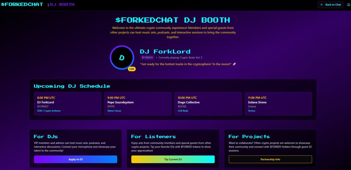 LordForklord's tweet image. Forget Discord.
🔥 Welcome to FORKEDChat — the token-gated, tip-enabled, DJ-powered crypto clubhouse.

🎧 DJs spin live in the $FORKED DJ Booth
💬 Tip with tokens
🚀 Vibe with the community
Join now → getforked.xyz/community
#GETFORKED #FORKEDchat #Crypto #Web3 #DegenLounge…