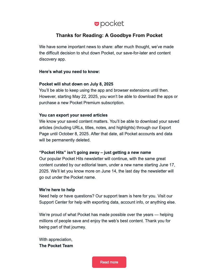 Palak Zatakia (@palakzat) on Twitter photo Pocket is shutting down. One of the best products we got to experience on the Internet.
Thank you <a href="/NateWeiner/">Nate Weiner</a> for creating what you did. Pocket is shutting down. One of the best products we got to experience on the Internet.
Thank you <a href="/NateWeiner/">Nate Weiner</a> for creating what you did.
