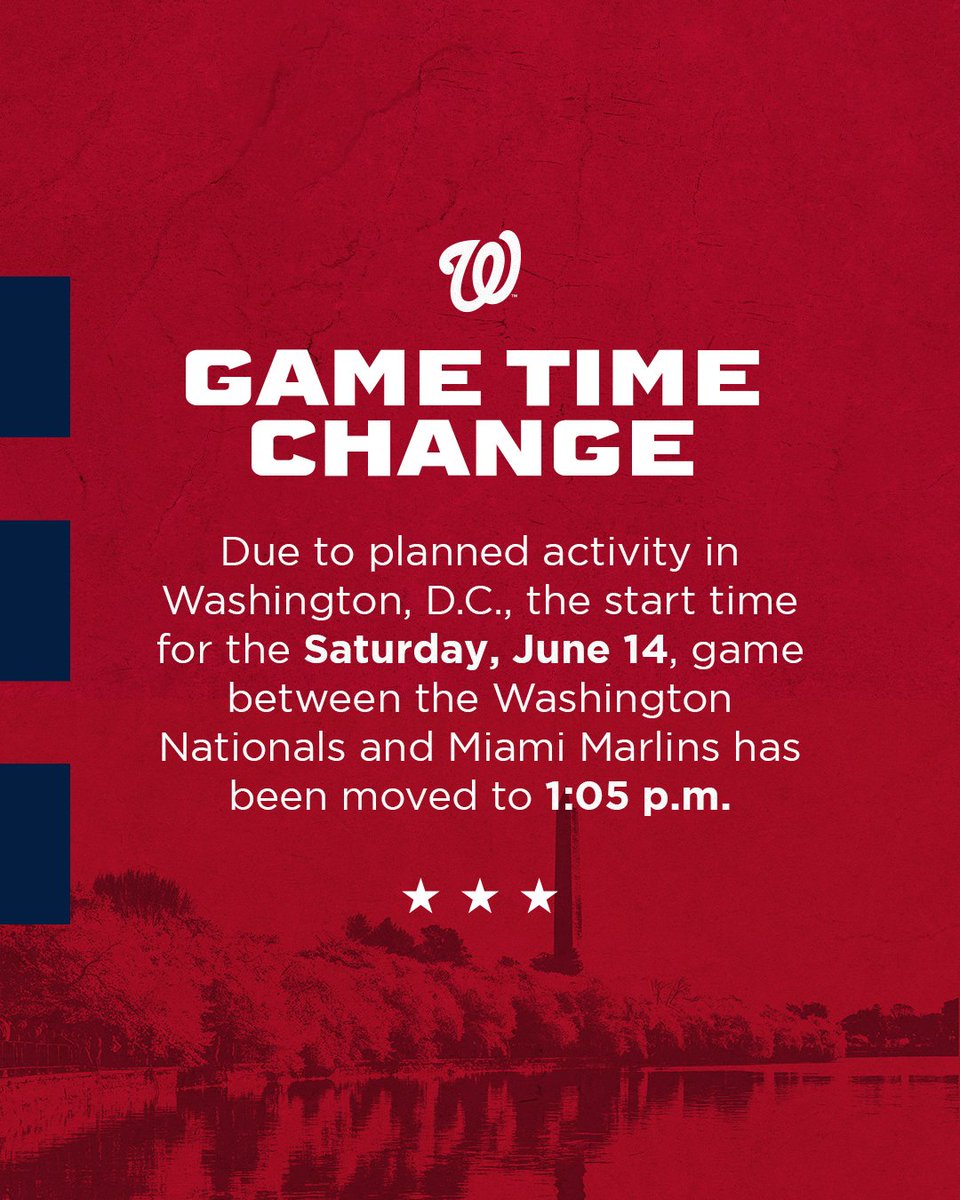 Nationals Park (@nationalspark) on Twitter photo Update to the start time for the <a href="/Nationals/">Washington Nationals</a> Saturday, June 14 game vs. the <a href="/Marlins/">Miami Marlins</a>. Update to the start time for the <a href="/Nationals/">Washington Nationals</a> Saturday, June 14 game vs. the <a href="/Marlins/">Miami Marlins</a>.