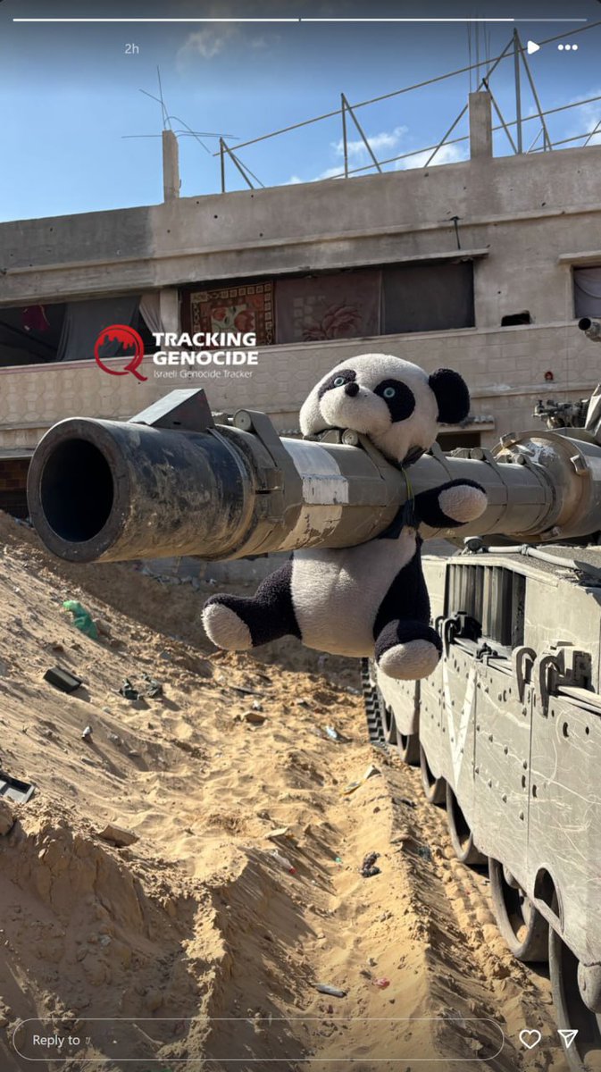 A sadistic, sociopathic Israeli tanker adorned his tank turret with a beheaded toy belonging to Palestinian children who were ethnically cleansed/killed before invading Gaza this morning.