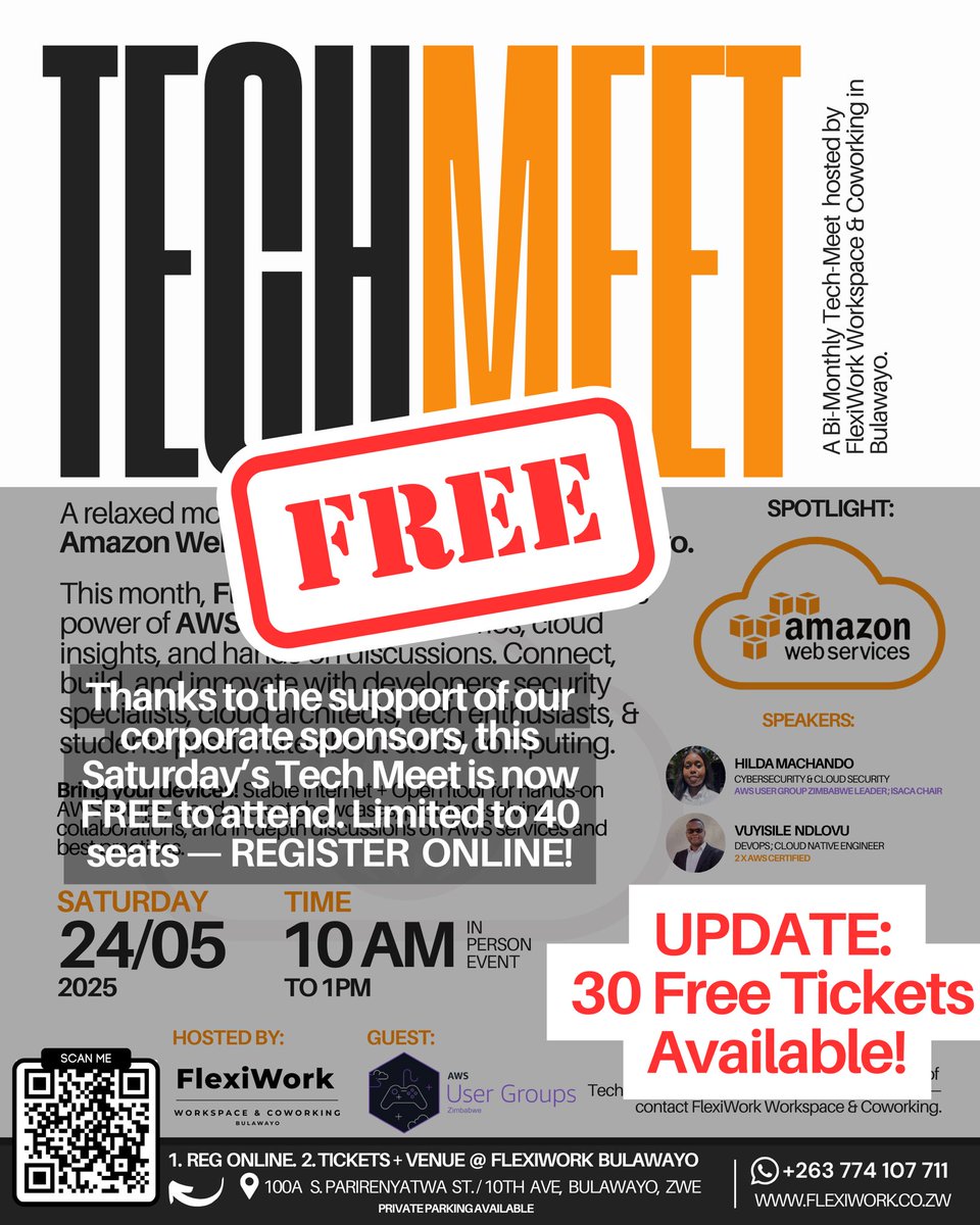 FlexiWork | Workspace & Coworking (@flexiworkbulawa) on Twitter photo Quick update!
Our AWS Tech Meet this Saturday is now FREE to attend π β shoutout to our corporate sponsors for making it happen.
Weβve opened up 30 free spots, so if you havenβt registered yet, nowβs the time.
Scan the QR & register, save your seat! See you Sat at 10AM! ππ§βπ» Quick update!
Our AWS Tech Meet this Saturday is now FREE to attend π β shoutout to our corporate sponsors for making it happen.
Weβve opened up 30 free spots, so if you havenβt registered yet, nowβs the time.
Scan the QR & register, save your seat! See you Sat at 10AM! ππ§βπ»