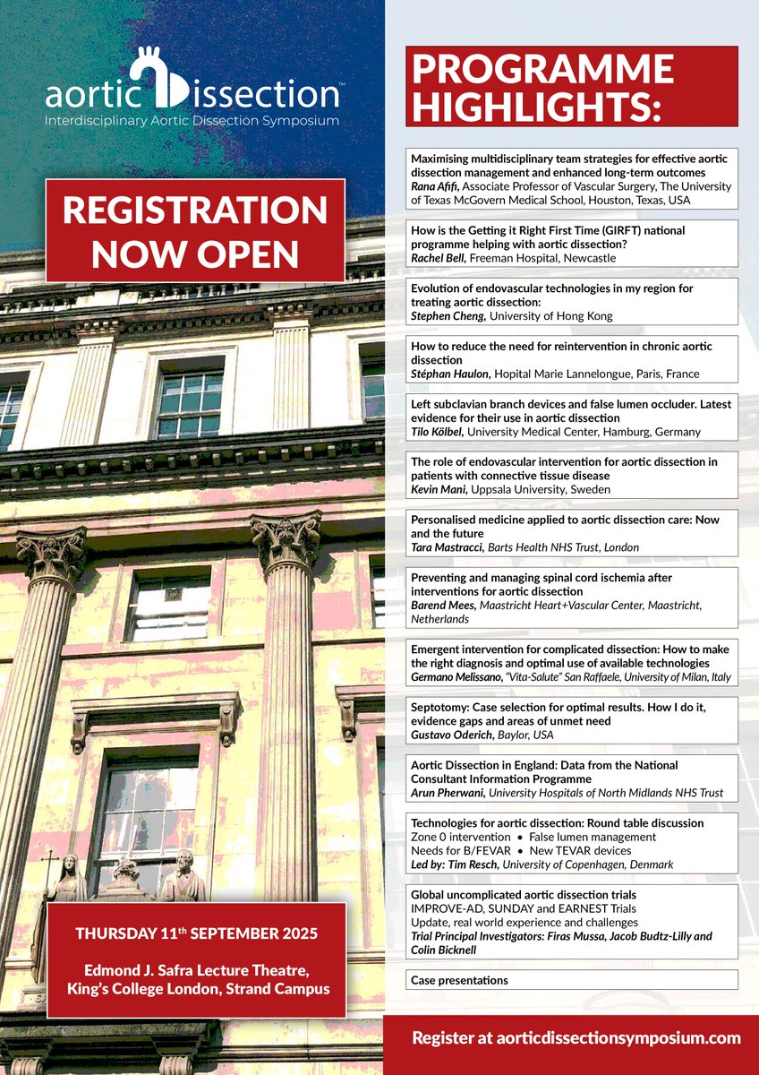 Registration is now open for the 2nd Interdisciplinary Aortic Dissection Symposium to be held on Thursday 11th September at King's College London. 

Register at aorticdissectionsymposium.com
