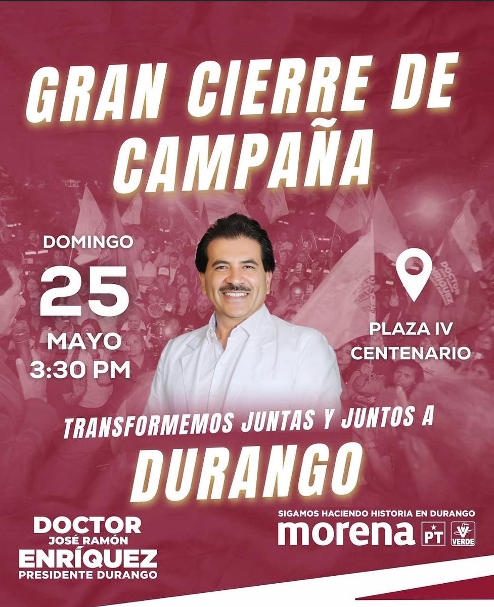 Estamos por concluir una exitosa jornada de campaña, y no hay mejor forma de hacerlo que contigo.
Te extendemos una cordial invitación para acompañarnos en este gran cierre junto a nuestro #PresidenteMunicipal #Dgo
¡Allá nos saludamos! 💬🤝