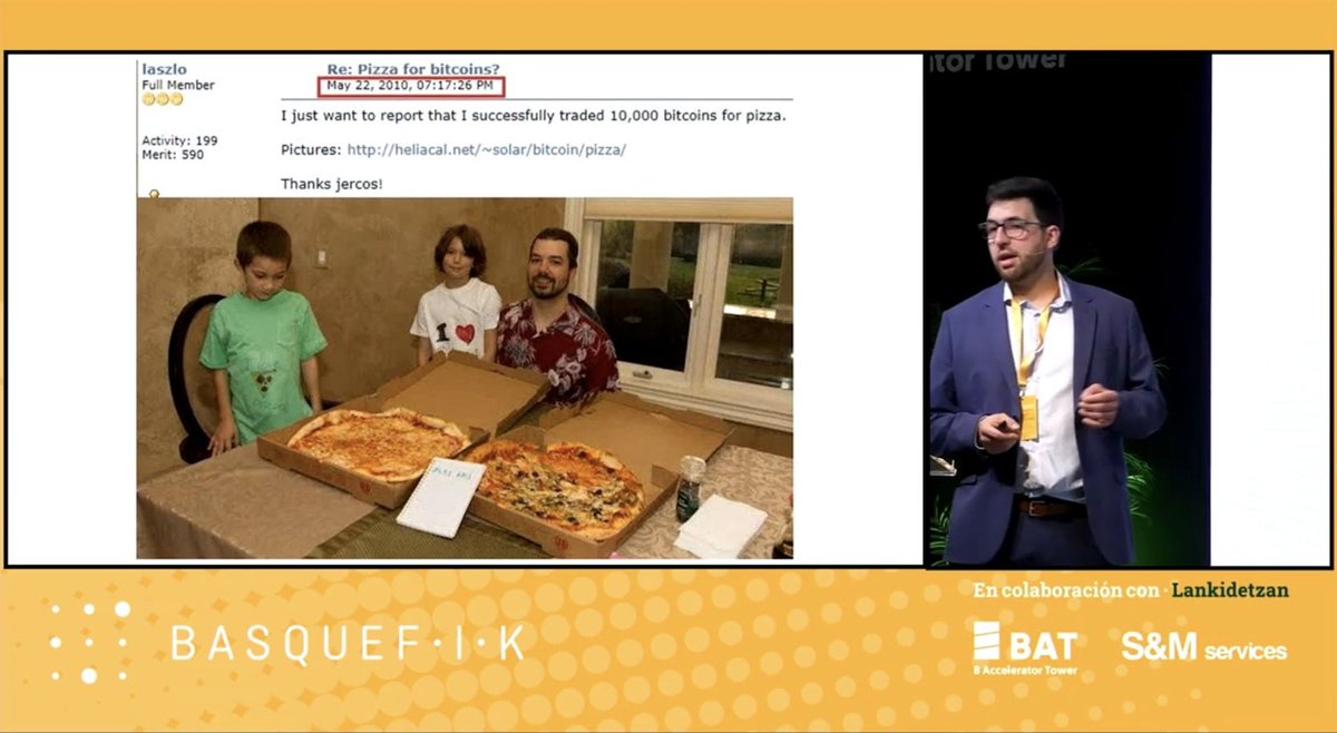 Alastria Blockchain Ecosystem (@alastria_) on Twitter photo 'Pizza for bitcoins?' En el #EncuentrosBasqueFIK sobre #Tokenización en el sector financiero, <a href="/alexherranz89/">Alexander Herranz</a> nos trajo a la memoria aquella mítica foto, durante su intervención sobre el estado de la tecnología #blockchain.
15 años de evolución tecnológica!
#BitcoinPizzaDay 'Pizza for bitcoins?' En el #EncuentrosBasqueFIK sobre #Tokenización en el sector financiero, <a href="/alexherranz89/">Alexander Herranz</a> nos trajo a la memoria aquella mítica foto, durante su intervención sobre el estado de la tecnología #blockchain.
15 años de evolución tecnológica!
#BitcoinPizzaDay