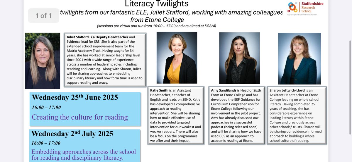 Delighted to be delivering these webinars alongside my amazing colleagues at <a href="/EtoneCollege/">Etone College</a> with <a href="/JTStaffsRSch/">Staffordshire Research School @ John Taylor</a> 

Free of charge. Sign up here - researchschool.org.uk/staffordshire/…