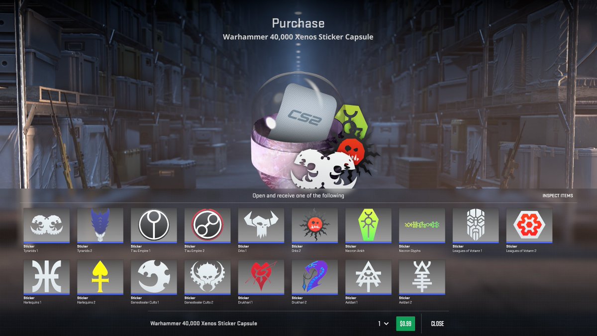 CS2 (@counterstrike) on Twitter photo We're also releasing four <a href="/warhammer/">Warhammer Official</a> 40,000-themed sticker capsules based on Warhammer 40,000 decals! These are available now in-game! We're also releasing four <a href="/warhammer/">Warhammer Official</a> 40,000-themed sticker capsules based on Warhammer 40,000 decals! These are available now in-game!