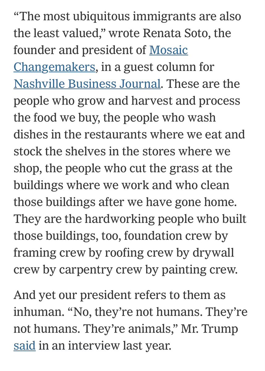 nunez_anna's tweet image. They are the hardworking people who built those buildings, too, foundation crew by framing crew by roofing crew by drywall crew by carpentry crew by painting crew.
And yet our president refers to them as inhuman. “No, they’re not humans. They’re not humans. They’re animals”