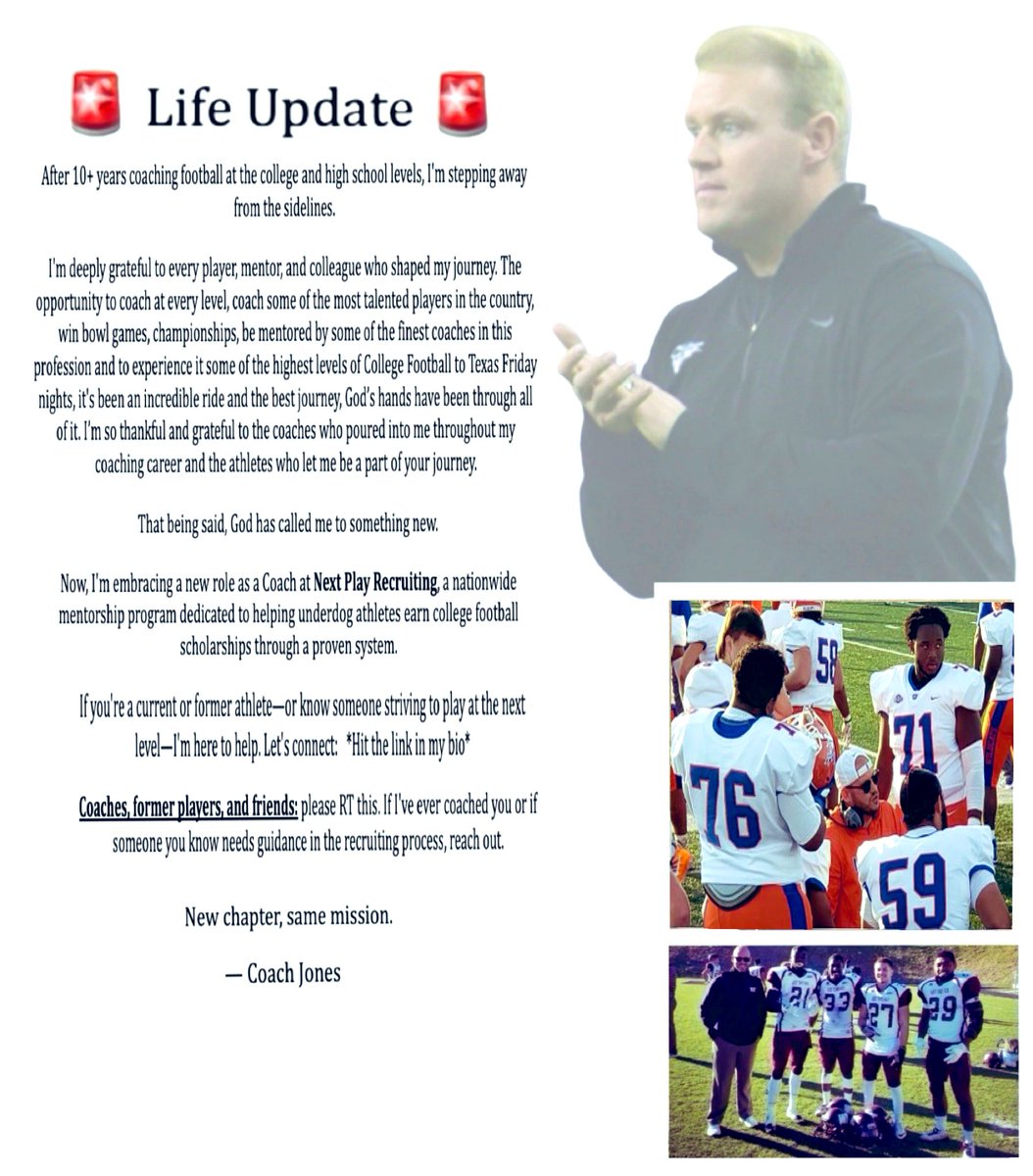 After 10+ years coaching at the college &amp; HS levels, I’m stepping away from the sidelines.

Grateful for every moment, every player, every mentor. 🙏

Excited to start a new chapter with Next Play Recruiting.

#NextPlay 

🔗 d1footballscholarship.com/book-evaluatio…
