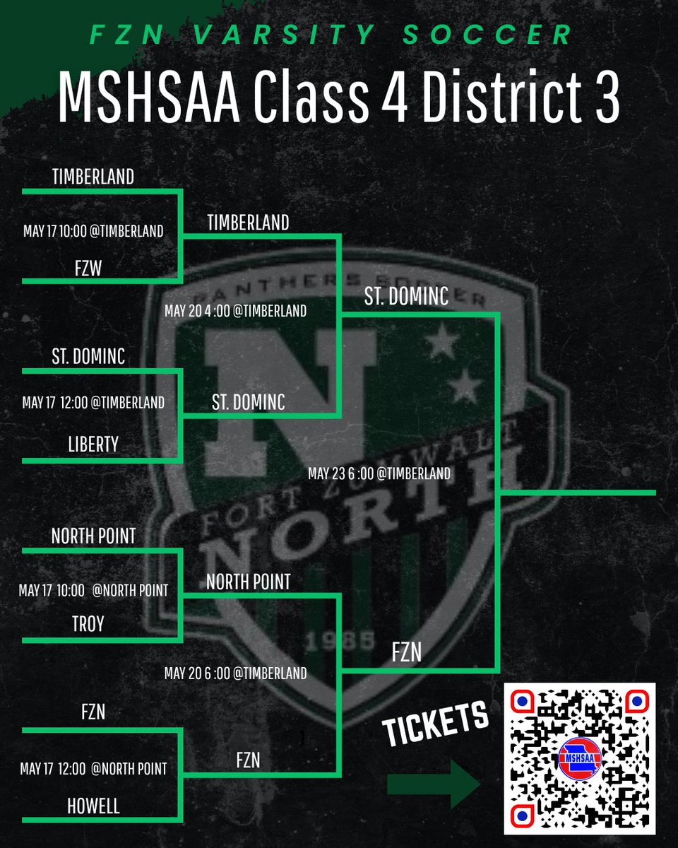 Class 4 District 3 Championship Game

Friday 5/23
FZN vs St. Dominic 
6:00 pm at Timberland 

Tickets must be purchased online. Use the following link or scan the QR code below:

mshsaa.org/Tickets.aspx