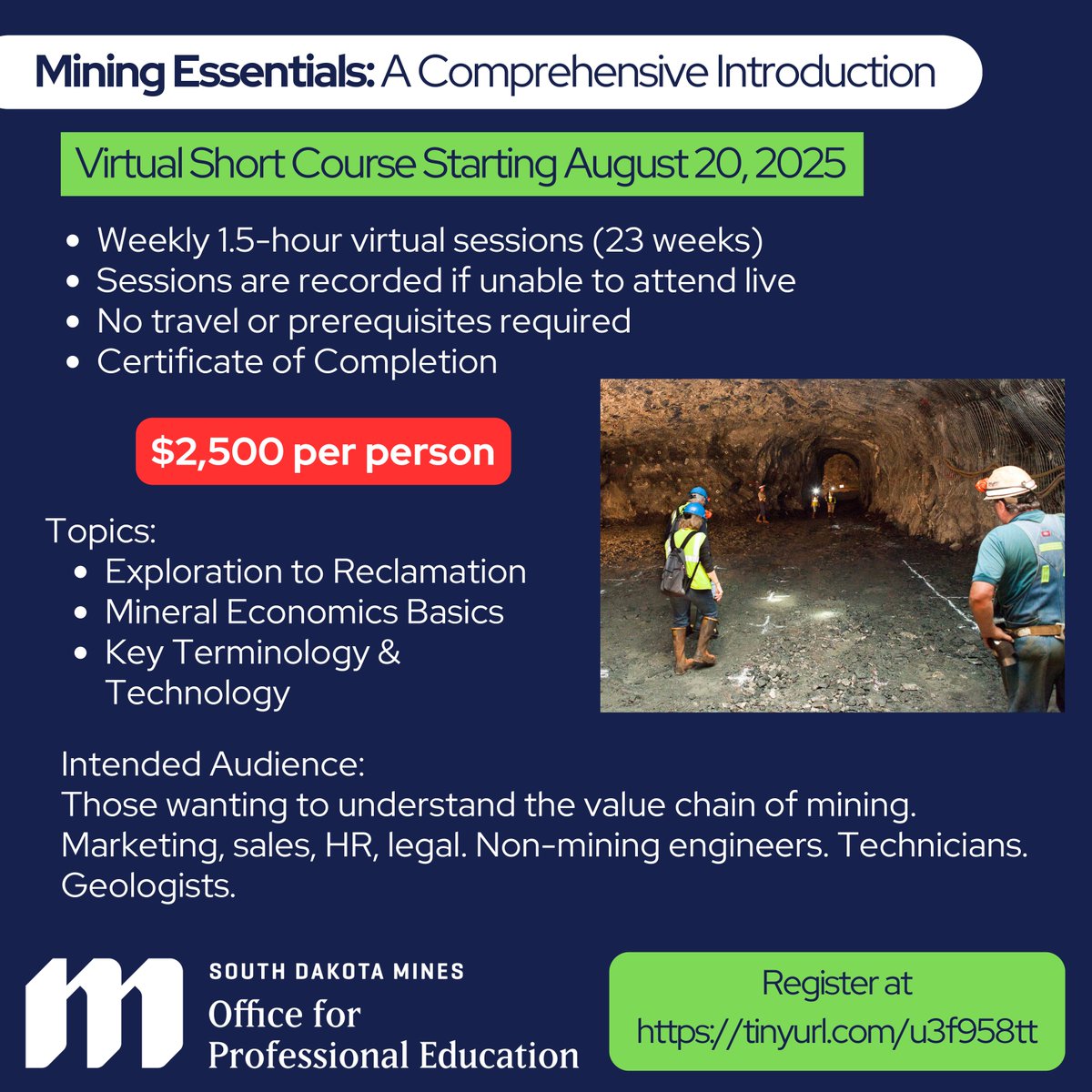 Our Office for Professional Education has its next great opportunity lined up, and registration opens on June 1st, with sessions beginning on August 20th!

interact.sdsmt.edu/course/mining-…

#SouthDakotaMines #HardrockerProud #HardrockerStrong