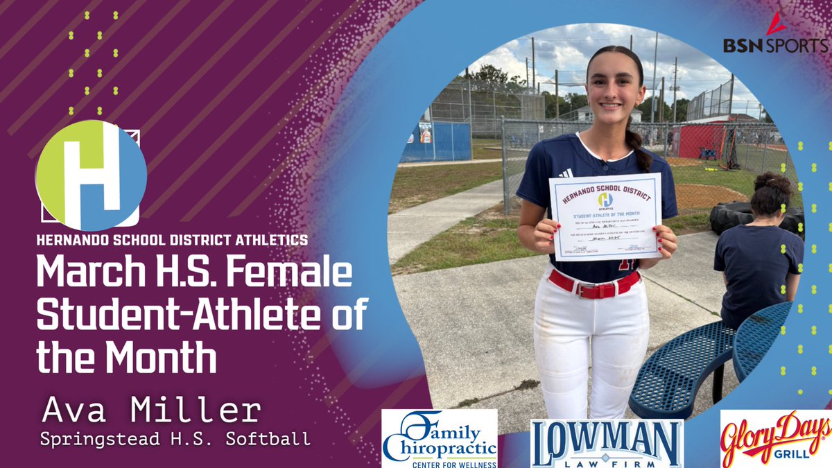Hernando School District Athletics (@hernandoco_ath) on Twitter photo Congrats to <a href="/Springstead_Ath/">Springstead Athletics</a> Ava Miller for being named @hernandoschools March HS Female Student-Athlete of the Month! Ava struck out 20 in 16 innings & went 14-29 w/ 8 RBI & 8 runs @ the plate during March. Ava also dominates in the classroom with a 4.405 weighted GPA! Congrats to <a href="/Springstead_Ath/">Springstead Athletics</a> Ava Miller for being named @hernandoschools March HS Female Student-Athlete of the Month! Ava struck out 20 in 16 innings & went 14-29 w/ 8 RBI & 8 runs @ the plate during March. Ava also dominates in the classroom with a 4.405 weighted GPA!