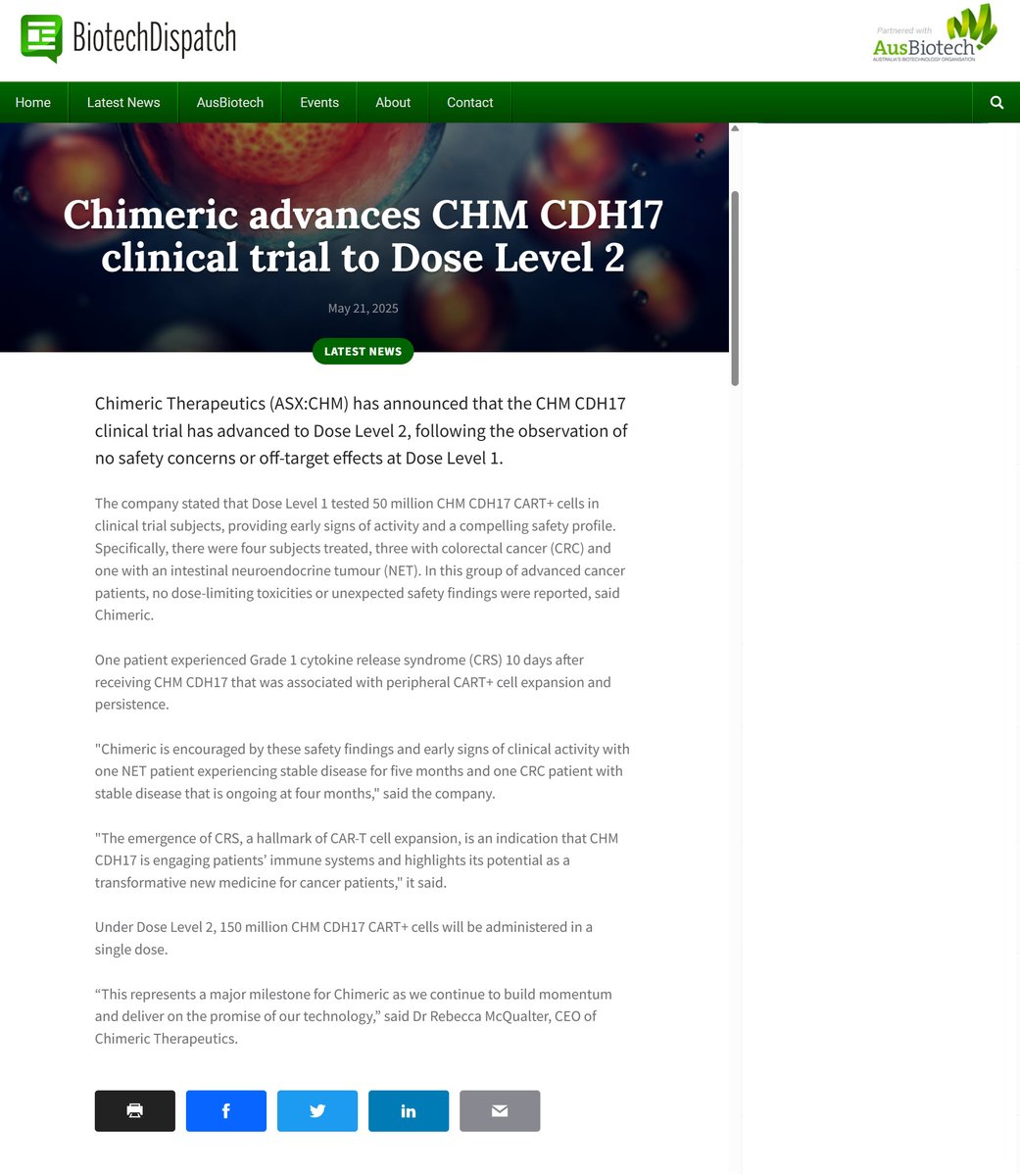 Chimeric Therapeutics ASX: CHM (@chimeric) on Twitter photo đź“°Chimeric advances CHM CDH17 clinical trial to Dose Level 2 | Media coverage by <a href="/PharmaDispatch/">PharmaDispatch</a>.
biotechdispatch.com.au/news/blinklab-…
$CHM #Chimeric #Biotech đź“°Chimeric advances CHM CDH17 clinical trial to Dose Level 2 | Media coverage by <a href="/PharmaDispatch/">PharmaDispatch</a>.
biotechdispatch.com.au/news/blinklab-…
$CHM #Chimeric #Biotech