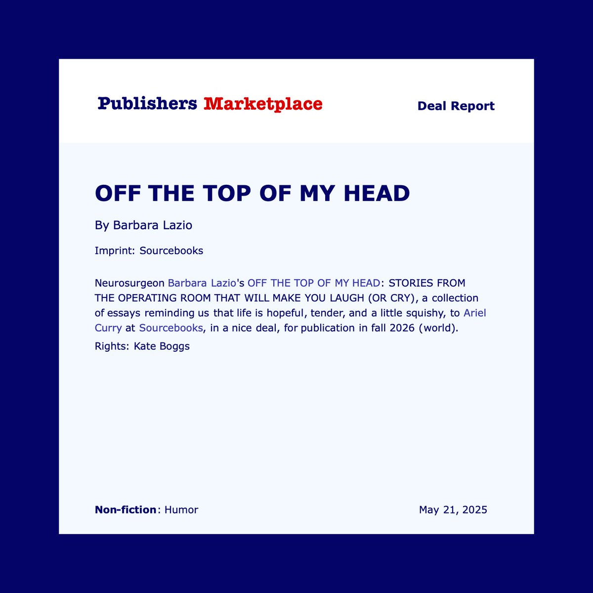 MaggieMarrLegal's tweet image. Congratulations Barbara for this amazing deal! Thank you for allowing Maggie Marr Legal to represent you with regards to this matter.

#BarbaraLazio #OffTheTopOfMyHead #Sourcebooks #PublishersMarketplace #EntertainmentAttorney #MaggieMarrLegal #MaggieMarrLegalPC