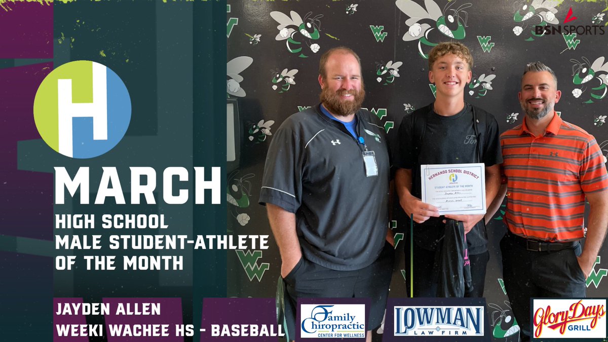 Hernando School District Athletics (@hernandoco_ath) on Twitter photo Congrats to <a href="/WWHSHORNETSPORT/">Weeki Wachee Sports</a> Jayden Allen for being named @hernandoschools March HS Male Student-Athlete of the Month! He went 3-0 only allowing 7 hits & 1 ER. He also tacked on a total of 24 Ks and a perfect game vs Tarpon Springs!! Jayden also boasts a 3.57 weighted GPA! Congrats to <a href="/WWHSHORNETSPORT/">Weeki Wachee Sports</a> Jayden Allen for being named @hernandoschools March HS Male Student-Athlete of the Month! He went 3-0 only allowing 7 hits & 1 ER. He also tacked on a total of 24 Ks and a perfect game vs Tarpon Springs!! Jayden also boasts a 3.57 weighted GPA!