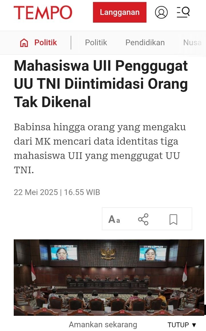 Arung, mahasiswa asal Kutorejo, Mojokerto, Jawa Timur, diketahui datanya diambil oleh prajurit Babinsa atas perintah Kodim 0815 Mojokerto. Ketika dikonfirmasi, prajurit Babinsa setempat membenarkan bahwa perintah datang dari satuan atas.

Cabut UU TNI
Tolak RUU Kejaksaan !
