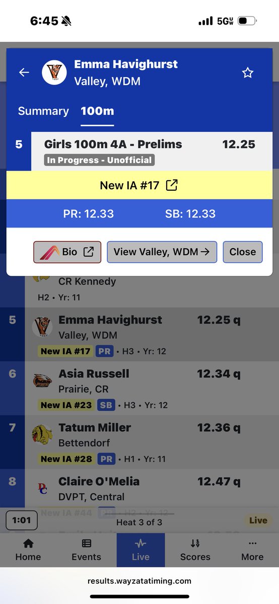 ValleyGirlsTF's tweet photo. 100m prelims, Emma qualifying for finals with a new PB 12.25.  She will run that final on Saturday.  

Payton Keiser ran the same time she qualified with, 12.85! 

Next up is the 400m where you have 2 tigers competing.  The 400m is a times final. https://t.co/zoZO1T5MSo