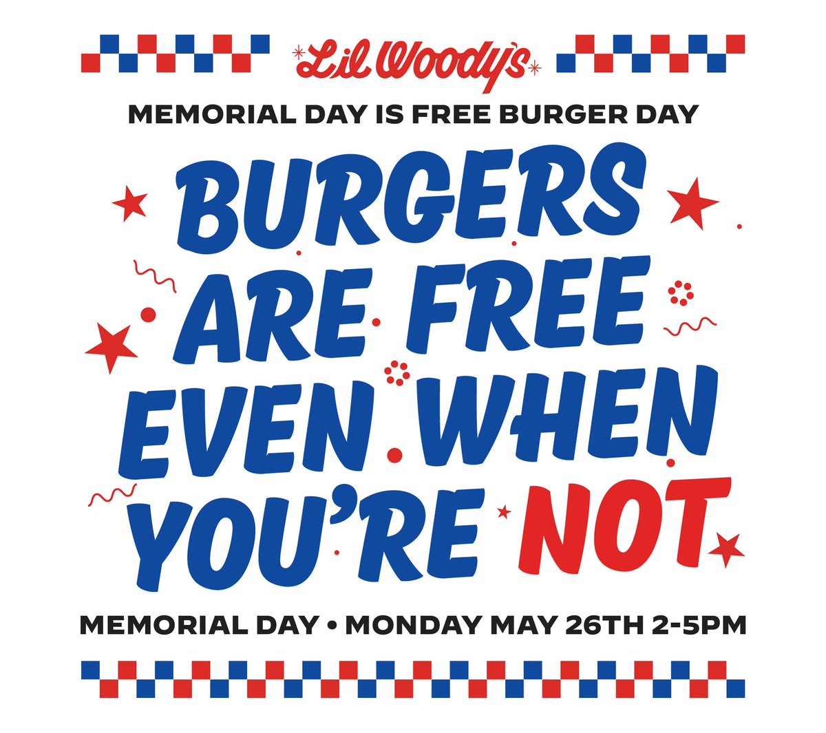 Memorial Day is FREE BURGER DAY‼️
Monday, 5/26

From 2-5pm, come to our Capitol Hill, Ballard, White Center, Green Lake locations for a free burger!

- No other sandwiches
- Extras cost extra
- Limit 1 burger per customer

🗣️Tell your friends!