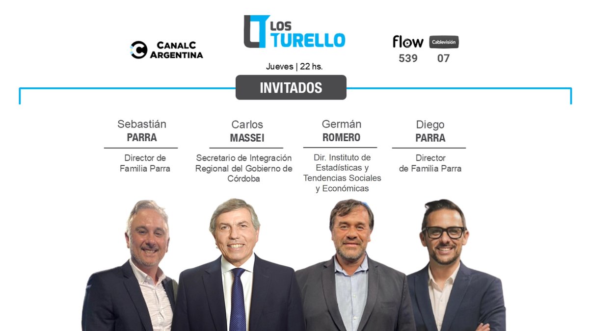Los Turello (@losturello) on Twitter photo 📺 | Esta noche, desde las 22, conversamos sobre:
» La #política + el espacio CBA en puerto Santa Fe, con <a href="/CarlosMassei/">Carlos Massei</a>.
» La situación socioeconómica de los #hogares argentinos, con <a href="/Ger2Romero/">𝗚𝗲𝗿𝗺á𝗻 𝗥𝗼𝗺𝗲𝗿𝗼</a>.
» El mercado automotor, con <a href="/ParraSebastian/">Lic. Sebastian Parra</a> y Diego #Parra.
Por Canal C Argentina. 📺 | Esta noche, desde las 22, conversamos sobre:
» La #política + el espacio CBA en puerto Santa Fe, con <a href="/CarlosMassei/">Carlos Massei</a>.
» La situación socioeconómica de los #hogares argentinos, con <a href="/Ger2Romero/">𝗚𝗲𝗿𝗺á𝗻 𝗥𝗼𝗺𝗲𝗿𝗼</a>.
» El mercado automotor, con <a href="/ParraSebastian/">Lic. Sebastian Parra</a> y Diego #Parra.
Por Canal C Argentina.