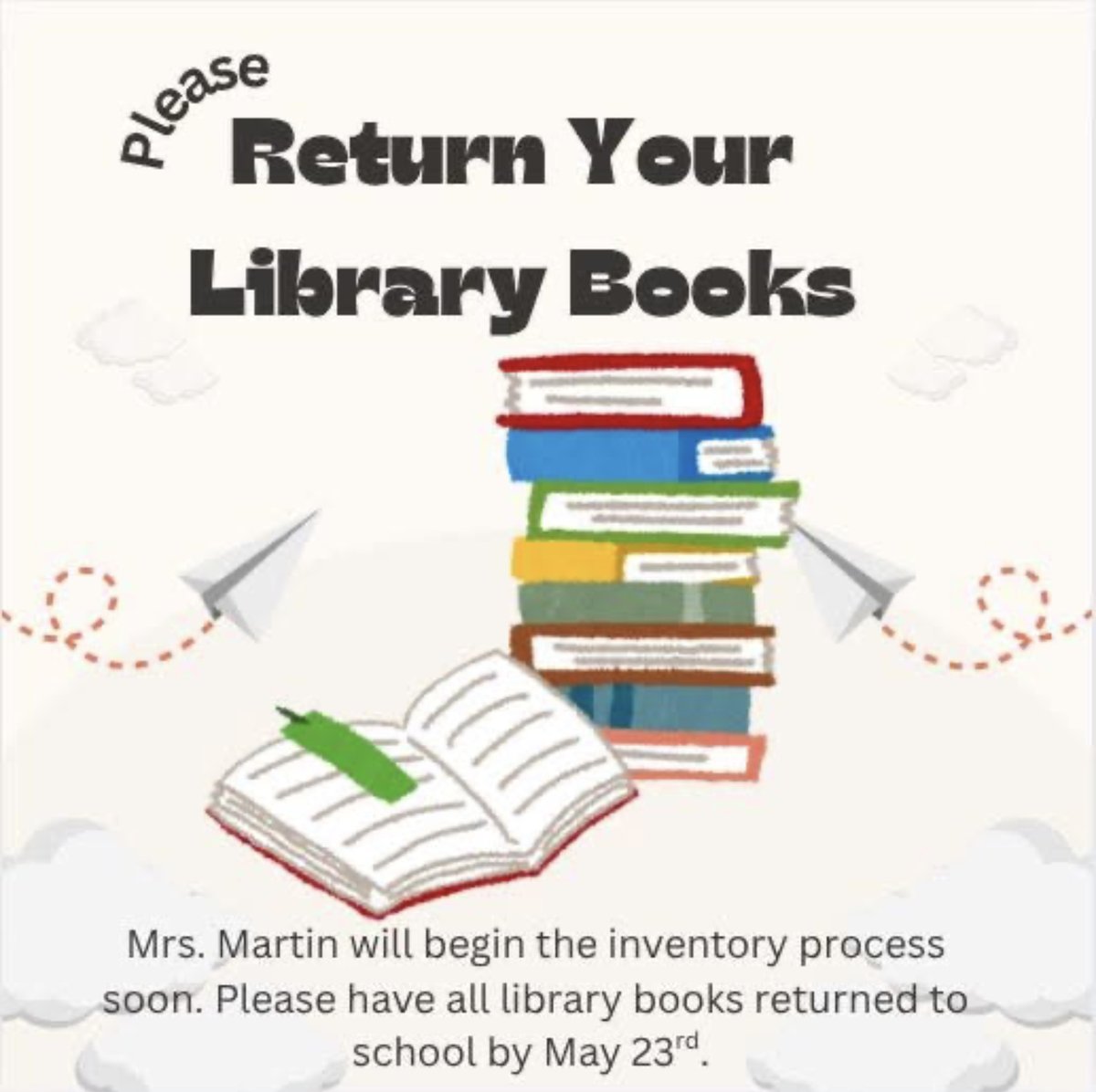 We have over 450 library books that need to be returned! 
Have you looked under your bed, in your closet, in the back seat of your vehicle?
Help Mrs. Martin by finding and returning your books!
