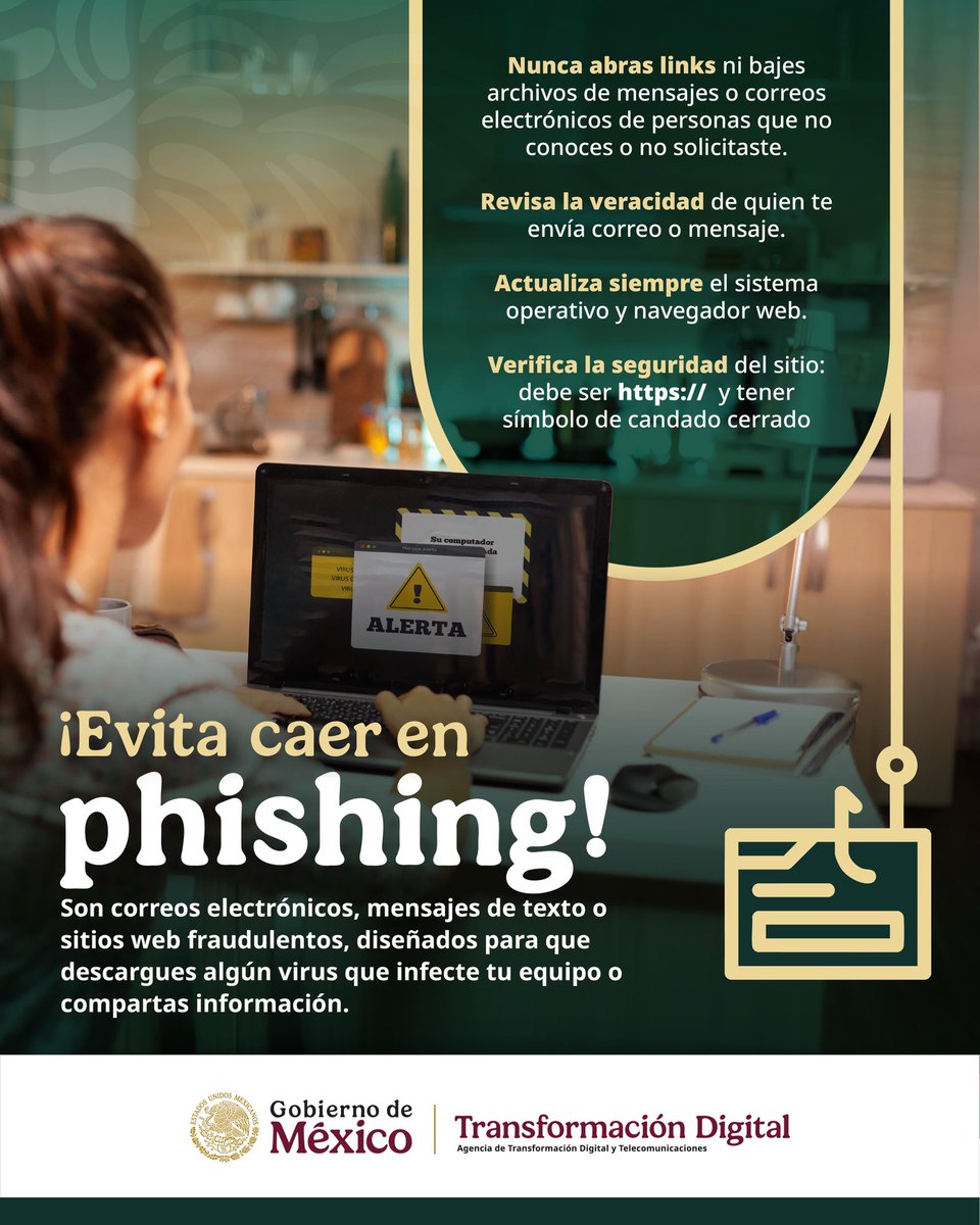 ¿Sabes qué es el phishing? 

Son correos electrónicos, mensajes de texto o sitios web fraudulentos, diseñados para que descargues algún virus en tu equipo o compartas información👾💻

Te compartimos 4️⃣ consejos para evitarlo:

1. No abras links ni bajes archivos de mensajes o