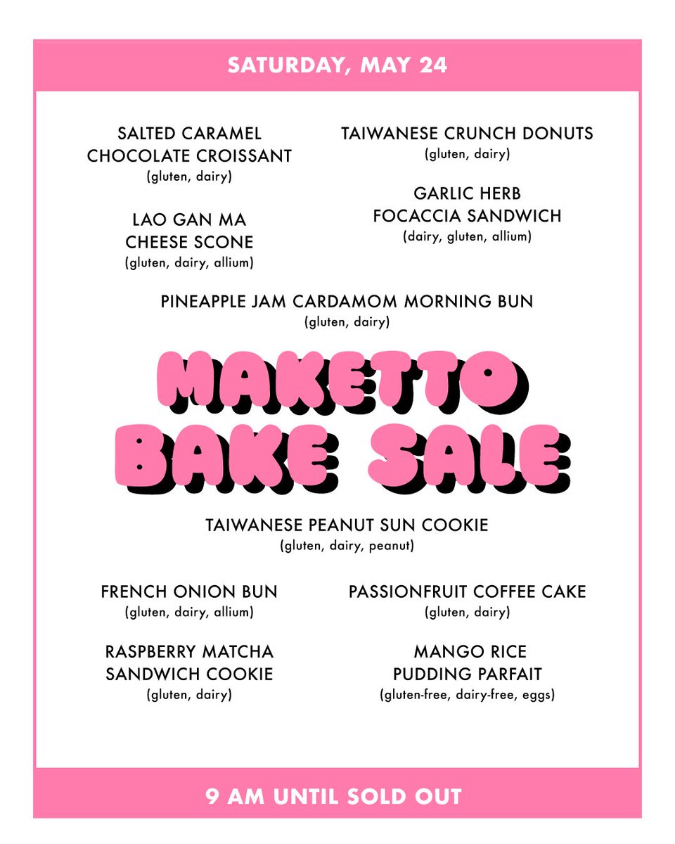 Maketto (@maketto1351) on Twitter photo MAY 24 BAKE SALE!
This Saturday, 9 am to sold out! Salted caramel chocolate croissant, Taiwanese crunch donuts, pineapple jam cardamom morning bun, garlic herb focaccia sandwich, and more more more!
<a href="/erikbruneryang/">Erik Bruner-Yang</a> #MakettoBakeSale MAY 24 BAKE SALE!
This Saturday, 9 am to sold out! Salted caramel chocolate croissant, Taiwanese crunch donuts, pineapple jam cardamom morning bun, garlic herb focaccia sandwich, and more more more!
<a href="/erikbruneryang/">Erik Bruner-Yang</a> #MakettoBakeSale
