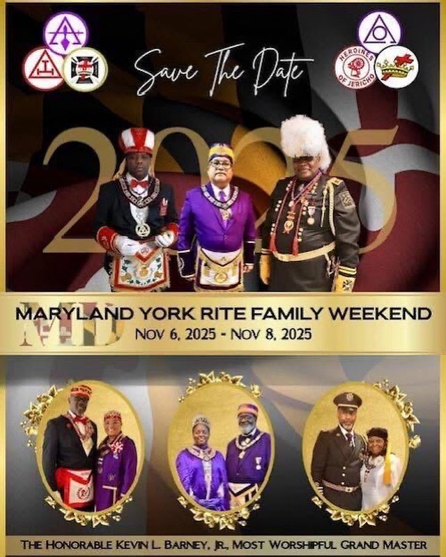 mwphglmd's tweet photo. 🚨 SAVE THE DATE: York Rite Family Weekend
Nov. 6–8, 2025 | Location TBA
Join us as we celebrate all York Rite Houses in unity, legacy &amp; PHAmily spirit!
Details coming soon.
#WeAreMDPrinceHall #MDPrinceHallFamily #DiscoverMDPrinceHall https://t.co/s2dq2EgWQU