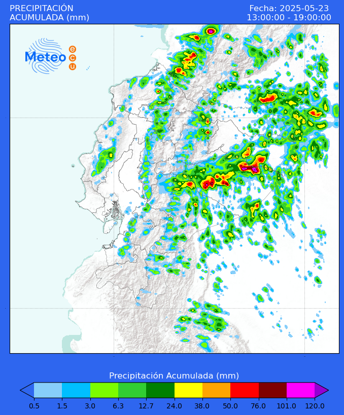 Pronóstico meteorológico de precipitación acumulada en #Ecuador para la tarde del viernes 23 de mayo de 2025