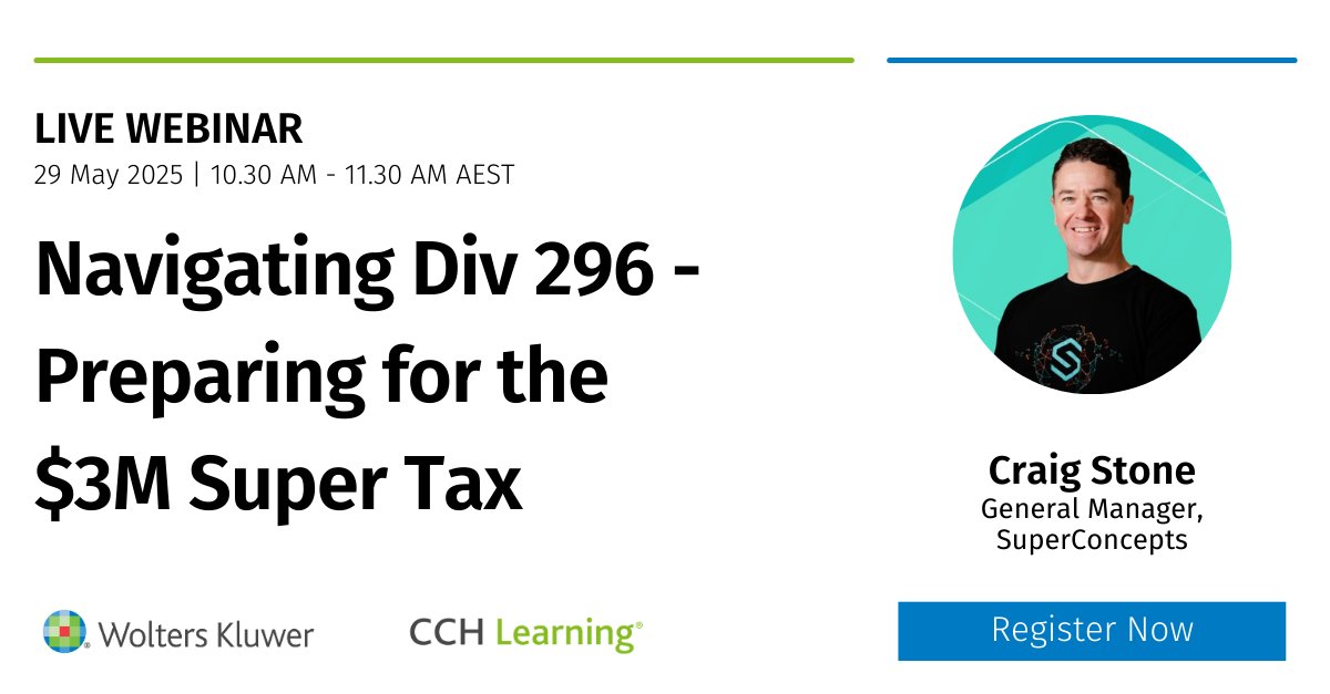 Join Craig Stone from SuperConcepts for an essential update on Division 296 legislation that will be effective from 1 July 2025. This session covers the latest client impacts and preparation strategies.

Register Here: ow.ly/qE8T50VWPUJ

#Div296 #Super #SMSF