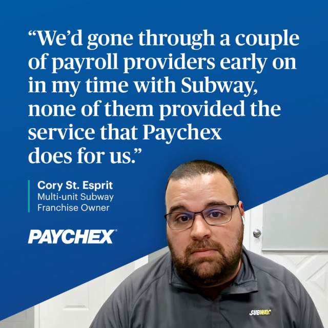 CarlMayes3's tweet photo. After years working in Subway franchises, Cory St. Esprit now runs nearly 40 units of his own across PA, WV, OH, and FL. Hear how he focuses on employee development and business growth, while trusting Paychex to help manage payroll and more. https://t.co/5fwjWcbaTH https://t.co/tWvq6jvvyG