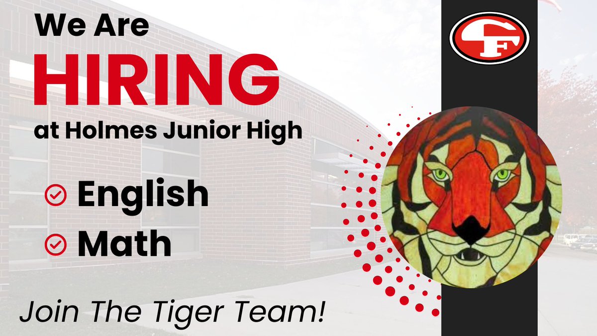 📢 Holmes Junior High is hiring NOW for English and Math teaching positions for the next school year! This is your opportunity to join the Tiger Team!

👉 Apply today or share with someone who’d be a great fit: cfschools.schoolspring.com
