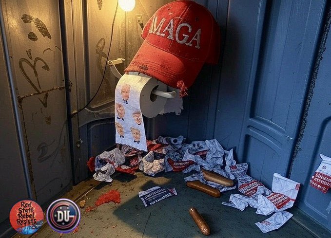 SaintResist's tweet photo. Trump’s putrid fucking legacy burns like a goddamn dumpster fire: as sickening as his racist fucking tirades and as utterly fucked as his crooked-ass presidency. Dive into this shit-filled inferno if you’ve got the fucking nerve to face this unholy clusterfuck. 🚽 #TrumpHell #DemsUnited