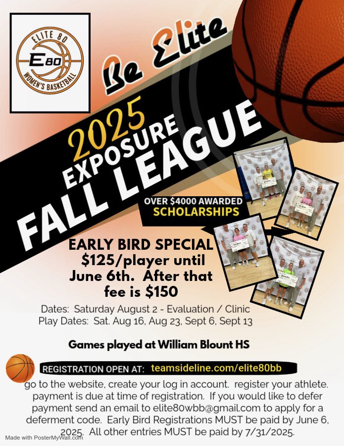 Elite80WBB (@elite80wbb) on Twitter photo The #1 Fall league is back! โญ๏ธ
๐จSIGN UP NOW for the EARLY BIRD SPECIAL! ๐จDonโt wait!
teamsideline.com/elite80bb
Why play here? โฌ๏ธ
Scholarships for seniors๐ฐ
Over 40 college coaches sat on our baselines last year ๐ฅ
Scouts & media present๐
Year round promotion ๐ฃ๏ธTag us!!
FREE The #1 Fall league is back! โญ๏ธ
๐จSIGN UP NOW for the EARLY BIRD SPECIAL! ๐จDonโt wait!
teamsideline.com/elite80bb
Why play here? โฌ๏ธ
Scholarships for seniors๐ฐ
Over 40 college coaches sat on our baselines last year ๐ฅ
Scouts & media present๐
Year round promotion ๐ฃ๏ธTag us!!
FREE