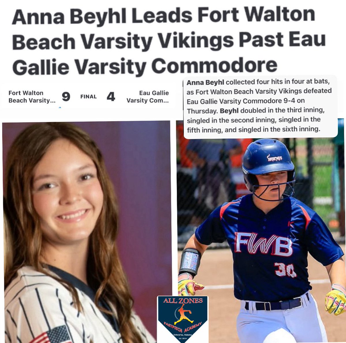 AllZonesFastpitch (@coachoallzones) on Twitter photo Congratulations to Anna Beyhl (2027) on a great performance today at the Florida State Championships.
Went 4-4 to help her Fort Walton Beach HS team win and now will play for the 4a State Championship tomorrow.
Well done lefty and good luck tomorrow <a href="/ABeyhl30/">Anna Beyhl 2027</a> Congratulations to Anna Beyhl (2027) on a great performance today at the Florida State Championships.
Went 4-4 to help her Fort Walton Beach HS team win and now will play for the 4a State Championship tomorrow.
Well done lefty and good luck tomorrow <a href="/ABeyhl30/">Anna Beyhl 2027</a>