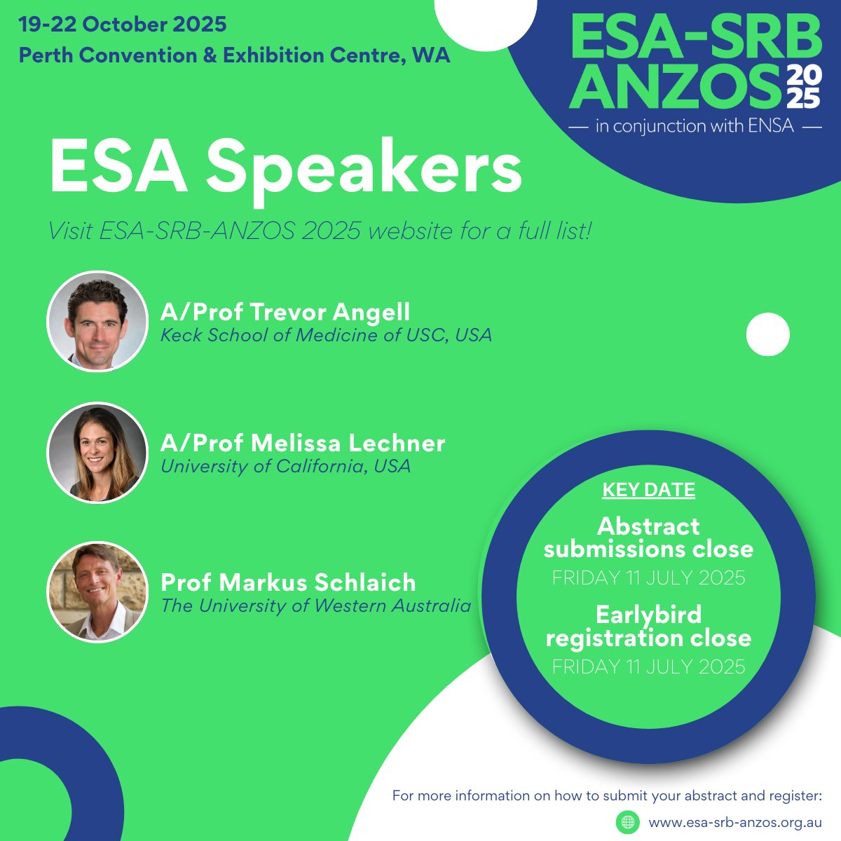 ANZOS (@anzos_society) on Twitter photo ๐ค Speakers for <a href="/EndoSocAus/">Endocrine Society of Australia</a> at the ESAโSRBโANZOS ASM are here!
๐น A/Prof Trevor Angell (Keck, USC)
๐น A/Prof Melissa Lechner (UC)
๐น Prof Markus Schlaich (UWA)
๐ Perth | ๐๏ธ 19โ22 Oct 2025
๐ Abstracts & early bird close: 11 July
๐ esa-srb-anzos.org.au <a href="/ReproductionSRB/">SRB</a> ๐ค Speakers for <a href="/EndoSocAus/">Endocrine Society of Australia</a> at the ESAโSRBโANZOS ASM are here!
๐น A/Prof Trevor Angell (Keck, USC)
๐น A/Prof Melissa Lechner (UC)
๐น Prof Markus Schlaich (UWA)
๐ Perth | ๐๏ธ 19โ22 Oct 2025
๐ Abstracts & early bird close: 11 July
๐ esa-srb-anzos.org.au <a href="/ReproductionSRB/">SRB</a>