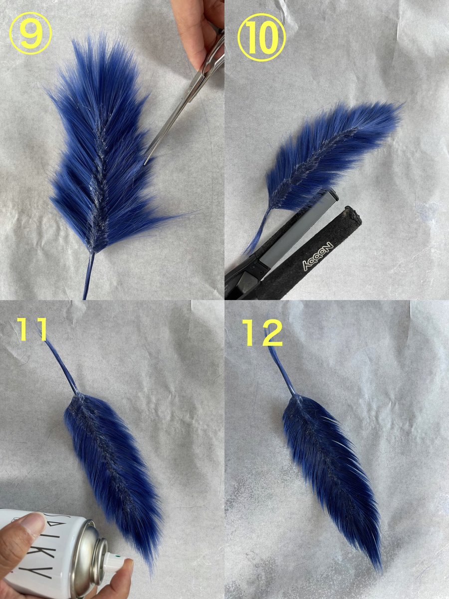【ウィッグ製作レッスン動画】

羽の作り方

①針金、毛束を用意(その他ハサミ、グルーガンなどの接着剤、アイロン、スプレー)

②針金と毛束を好みの大きさにカット

③針金に毛束をグルーガンなどで貼り付ける

④貼り付けた状態

⑤羽部分用に短い毛束を大量に用意