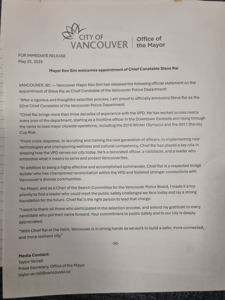 Steve Rai named new Vancouver Police Chief.
