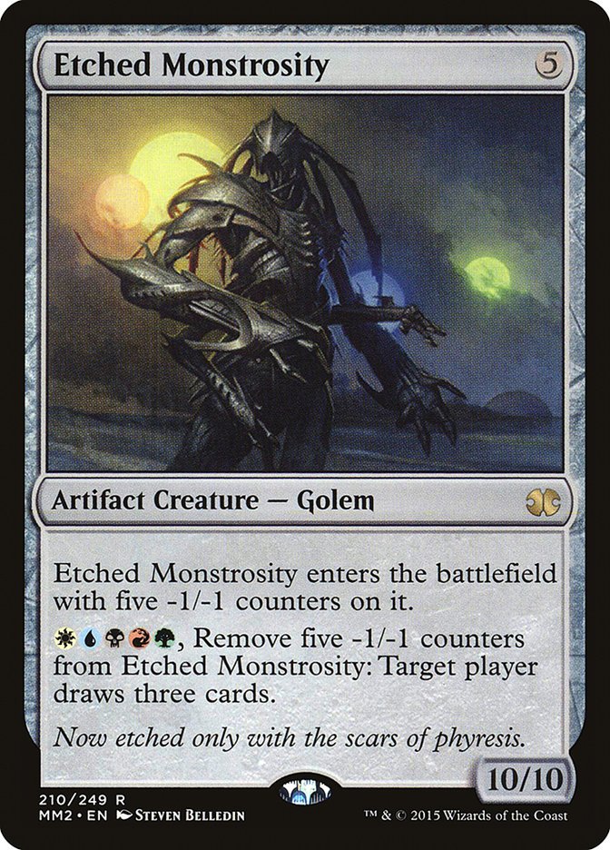 EtchedSteel's tweet photo. @GavinVerhey Etched Monstrosity.

Not necessarily a legendary of the card, but maybe of the one who designed and created them. Did they reverted to their Mirran design after New Phyrexia's defeat? Was their design preserved and recreated on Zhalfir? This is my favorite card in all of Magic. https://t.co/HoizOom9Bo