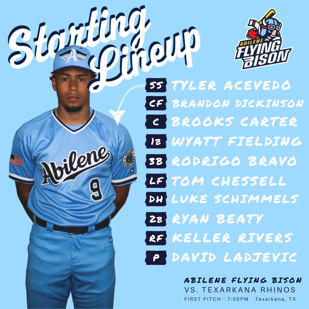 Abilene Flying Bison (@abiflyingbison) on Twitter photo Our VERY FIRST starting lineup of the 2025 season!
<a href="/josetylerace1/">Jose Tyler acevedo</a> <a href="/BrandonDickyy/">Brandon Dickinson</a> <a href="/Brooks_Carter9/">Brooks carter</a> <a href="/wyatt_fielding/">Wyatt Fielding</a> <a href="/Rodrigo_bravo31/">Rodrigo Bravo</a> <a href="/Tomchessell2024/">Tom chessell</a> <a href="/lschimmey12/">Luke Schimmels</a> <a href="/18_beaty/">Ryan Beaty 18</a> <a href="/keller_rivers/">Keller Rivers</a> <a href="/ladjevic_d/">David Ladjevic</a> Our VERY FIRST starting lineup of the 2025 season!
<a href="/josetylerace1/">Jose Tyler acevedo</a> <a href="/BrandonDickyy/">Brandon Dickinson</a> <a href="/Brooks_Carter9/">Brooks carter</a> <a href="/wyatt_fielding/">Wyatt Fielding</a> <a href="/Rodrigo_bravo31/">Rodrigo Bravo</a> <a href="/Tomchessell2024/">Tom chessell</a> <a href="/lschimmey12/">Luke Schimmels</a> <a href="/18_beaty/">Ryan Beaty 18</a> <a href="/keller_rivers/">Keller Rivers</a> <a href="/ladjevic_d/">David Ladjevic</a>