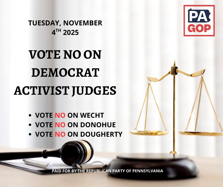 🚨 Republican have a chance to take over the PA Supreme Court🚨 

ALL REPUBLICANS need to show up to the polls in November to VOTE NO on retaining three Democrat activist judges.

These justices locked us down during COVID, have pushed a radical agenda, and have undermined law