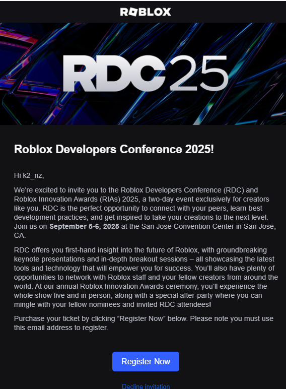 just got my RDC invite 🎉 

#ROBLOX #RobloxDev #RDC