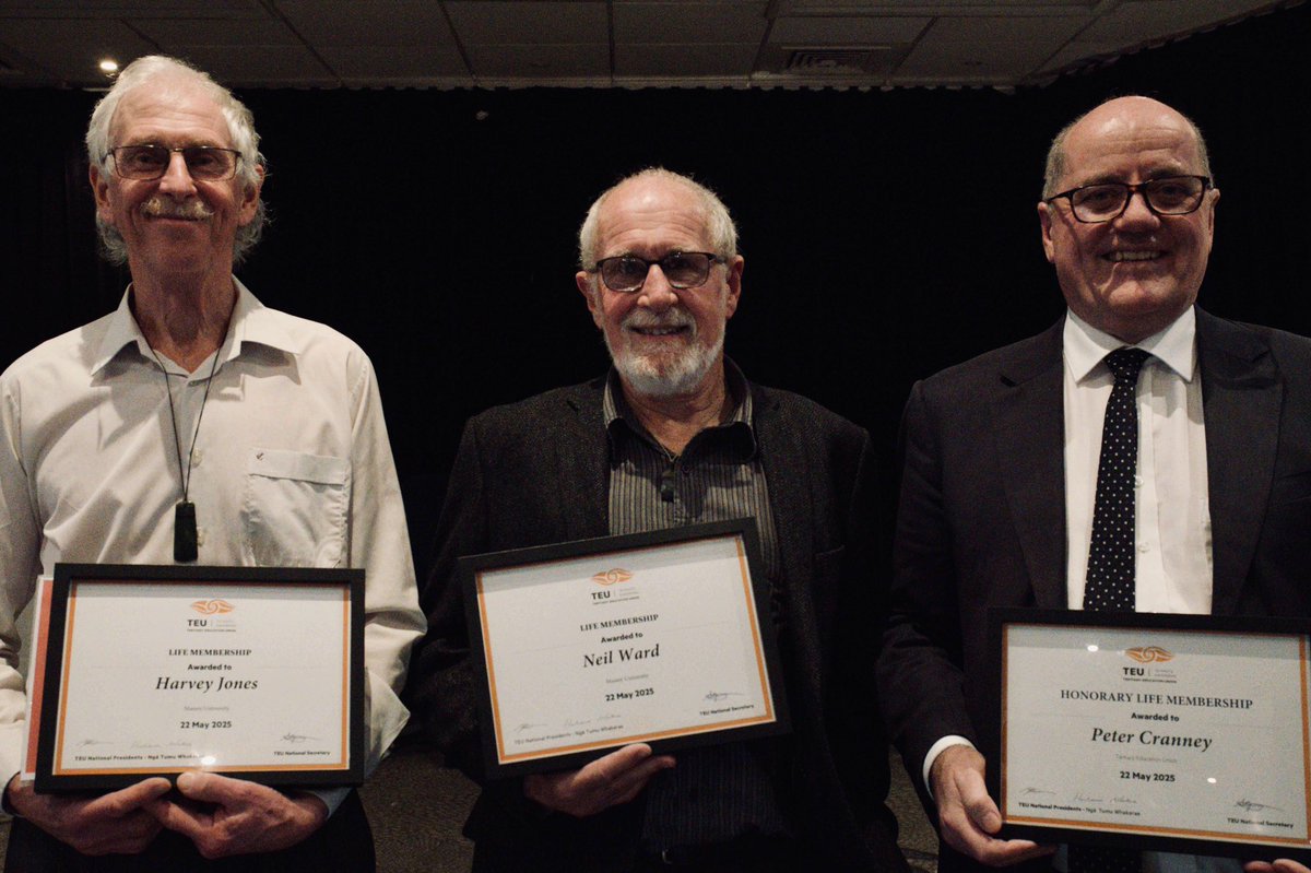 AWARDS! Peter Cranney (Aotearoa’s best employment lawyer, and it’s not close), Neil Ward and Harvey Jones (Massey University) all received life memberships of TEU last night. To say all three thoroughly deserve them would be a giant understatement.