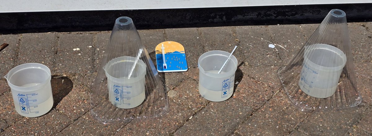 Greenhouse investigation...

2 uncovered beakers of water and 2 beakers underneath mini plastic greenhouses.

Temperature of all 4 beakers measured every 20 minutes.

Thermometer to measure ground temp as well.
