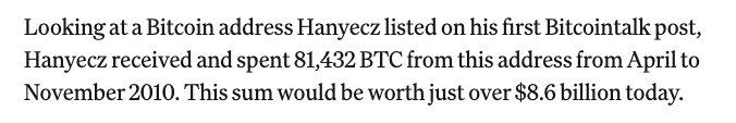Bro was spending his mined $BTC like fiat in 2010 and missed out on $8.6 Billion... 

Honestly, probably the biggest fumble of all time. Crazy.