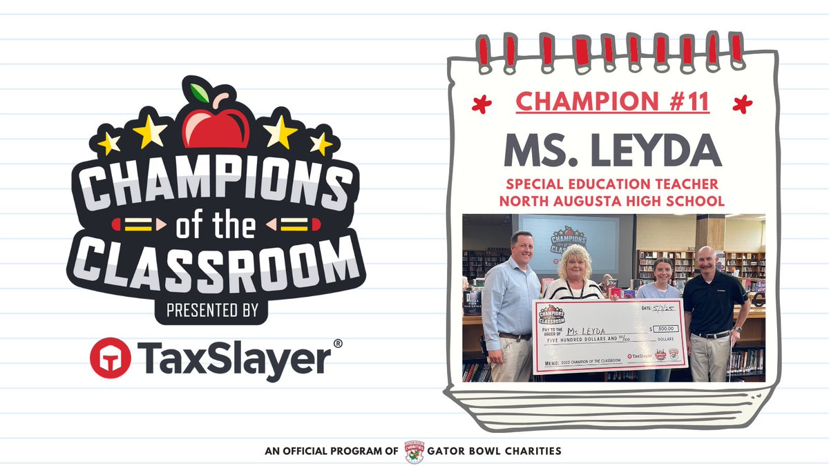 North Augusta High School special education teacher, Ms. Leyda is our next Champion of the Classroom presented by <a href="/TaxSlayer/">TaxSlayer</a> 🍎

"Becoming a special education teacher is more than just a career choice for me—it’s a calling, and I am honored to be a part of their journey.”