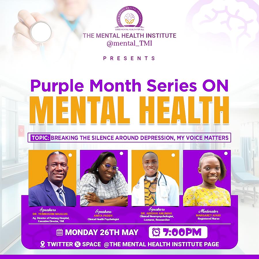 Over 650,000 Ghanaians live with depression, yet most suffer in silence.
Join us on Mon, 26th May at 7pm.
Specialists will share insights &amp; strategies for managing depression.
Set reminder: x.com/i/spaces/1eaKb…

#TMI #MentalHealth #MyVoiceMatters