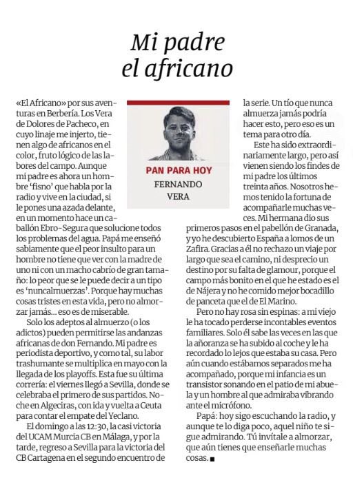 Fernando Vera Jr. (@fernandoverajr) on Twitter photo <a href="/Fernandocvera/">FernandoVera</a>, mi padre, se pegó este finde un buen embarque con cambio de continente incluido.
Así os lo he contado esta semana en <a href="/diariolaopinion/">La Opinión de Murcia</a>. Eso y alguna cosa más, aunque se queda pequeña para hablar de un gran hombre.
Que os guste tanto como a mí escribirlo. <a href="/Fernandocvera/">FernandoVera</a>, mi padre, se pegó este finde un buen embarque con cambio de continente incluido.
Así os lo he contado esta semana en <a href="/diariolaopinion/">La Opinión de Murcia</a>. Eso y alguna cosa más, aunque se queda pequeña para hablar de un gran hombre.
Que os guste tanto como a mí escribirlo.