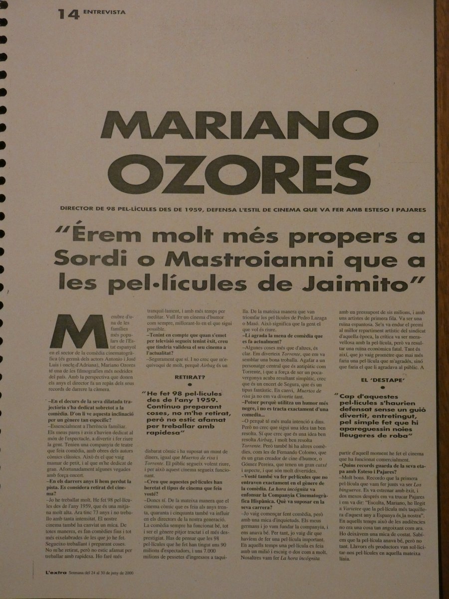 jordiremolins's tweet photo. Fa 25 anys vaig trucar a informació telefònica i vaig demanar el número de Mariano Ozores, de Madrid. Me'l van donar, vaig telefonar-lo i em va respondre amablement aquesta entrevista, que va publicar @el9nou al seu suplement L'Extra.
Gràcies per les bones estones de cinema! https://t.co/ukYrYGfCh1