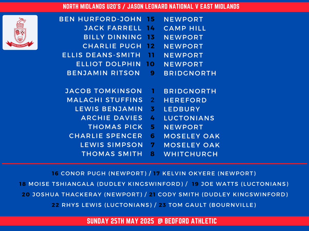 Here's your U20's North Midlands RFU squad to face East Midlands on Sunday 25th May - good luck to everyone